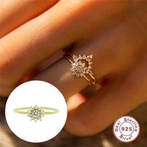 NEW 14k Yellow Gold/ .925 Sunflower Pave Diamond Band Ring
